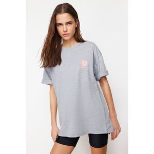 Trendyol Gray Melange Back Printed Oversize/Wide Fit Crew Neck Knitted T-Shirt