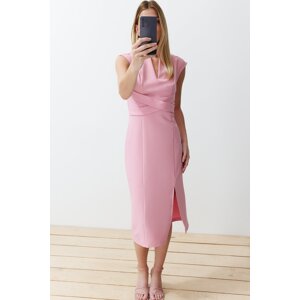 Trendyol Pink Bodycon V-Neck Slit Detailed Midi Pencil Skirt Woven Dress