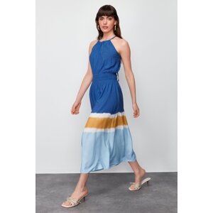 Trendyol Ecru-Blue A-Line Viscose Maxi Woven Dress with Gipe Detail at Waist