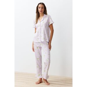 Trendyol Pink-Multicolor 100% Cotton Floral Ruffle Detail Knitted Pajamas Set