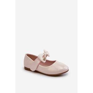 Children's patent leather ballerinas with velcro bow, pink, cat-eye