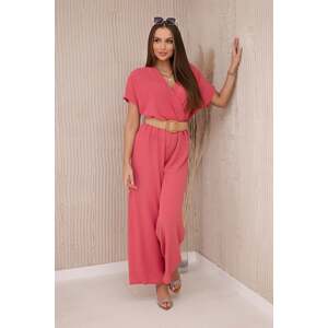Jumpsuit with decorative belt at the waist coral