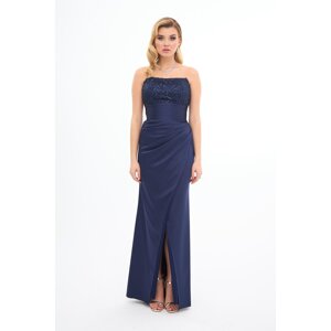 Carmen Navy Blue Strapless Slit Satin Evening Dress