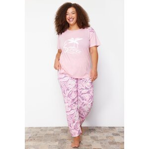 Trendyol Curve Pink Knitted Floral Pattern Knitted Pajamas Set