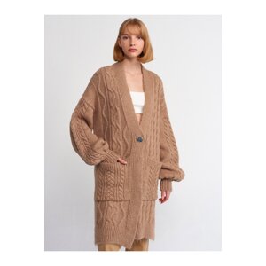 Dilvin 60194 V Neck Single Button Pocket Knitwear Cardigan-Camel