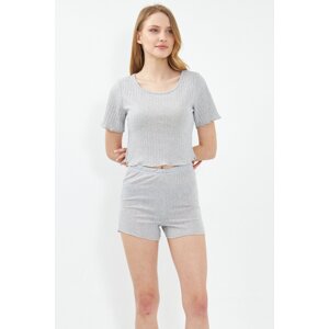 armonika Women's Gray Corded Short Sleeve Crop Pajamas Set with Shorts