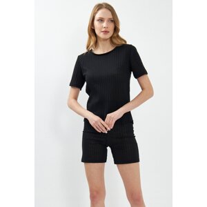 armonika Women's Black Corded Short Sleeve Shorts Pajamas Set