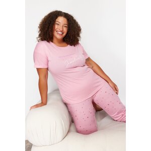 Trendyol Curve Pink Heart Pattern Knitted Pajamas Set