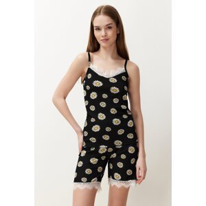 Trendyol Black-Multicolor Daisy Pattern String Strap Knitted Pajama Set