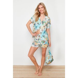 Trendyol Viscose Woven Pajamas Set with Multicolor Printed Bag Gift