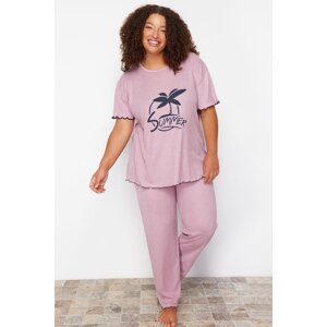Trendyol Curve Pale Pink Motto Camisole Knitted Pajamas Set