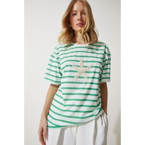 Happiness İstanbul Women's Green White Striped Star Pearl Embroidered Oversize Knitted T-Shirt