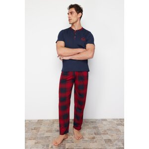 Trendyol Men's Navy Blue Regular Fit Plaid Knitted Pajama Set