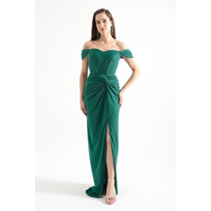 Lafaba Women's Emerald Green Double Breasted Lined Long Silvery Evening Dress with Corset Detail