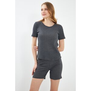 armonika Women's Smoked Corded Short Sleeve Shorts Pajamas Set