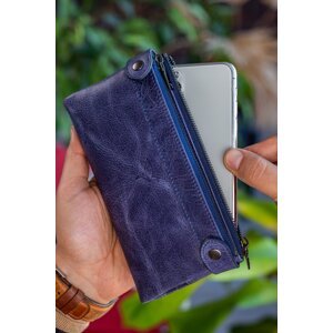Garbalia Roosevelt Genuine Leather Crazy Navy Blue Unisex Portfolio Wallet with Compartment Hand and Handle