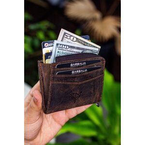 Garbalia Figo Crazy Brown Genuine Leather Zippered Mini Wallet with Card Holder