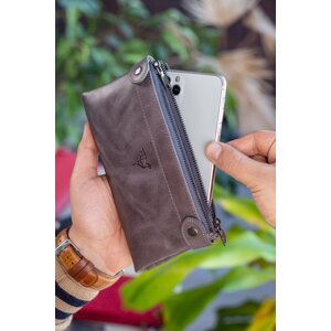 Garbalia Roosevelt Genuine Leather Crazy Gray Unisex Portfolio Wallet with Phone Compartment and Handle