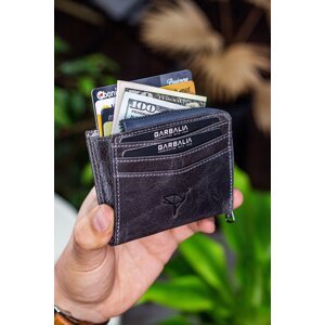 Garbalia Figo Genuine Leather Crazy Gray Zippered Mini Wallet with Card Holder