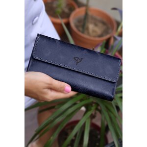 Garbalia Pavia Vintage Leather Saddlery with Stitching, Navy Blue Portfolio Women's Wallet.