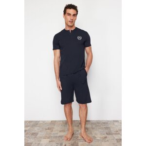 Trendyol Navy Blue Buttoned Collar Regular Fit Pajamas Set with Knitted Shorts