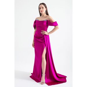 Lafaba Women's Purple Boat Neck Slit Long Satin Evening Dress