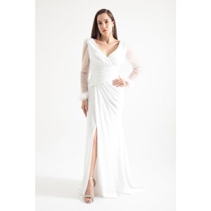 Lafaba Women's White V-Neck Long Evening Dress with a Slit with Stones on the sleeves.