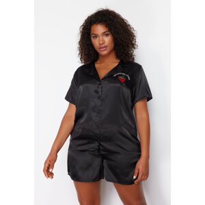 Trendyol Curve Black Strawberry Embroidered Shirt Collar Satin Pajama Set