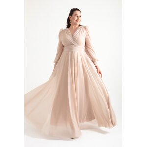 Lafaba Women's Beige V-Neck Silvery Long Plus Size Evening Dress