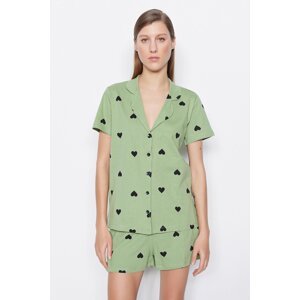 Trendyol Green 100% Cotton Heart Patterned Shirt-Shorts Knitted Pajama Set