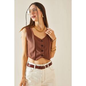 XHAN Brown Striped & Buttoned Blazer Crop Vest