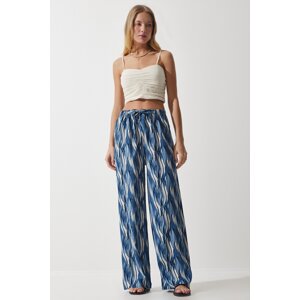 Happiness İstanbul Women's Blue Ecru Patterned Flowing Viscose Palazzo Trousers