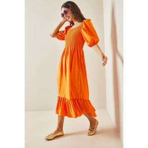 XHAN Orange Square Collar Gimped Midi Dress