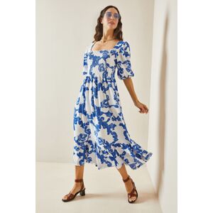 XHAN Blue Patterned Gipe Detailed Knitted Dress with Frilled Hem