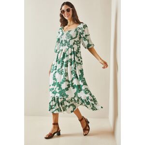 XHAN Green Patterned Gipe Detailed Knitted Dress with Frilled Hem