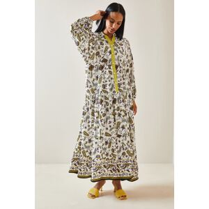 XHAN Oil Green Floral Pattern Balloon Sleeve & Buttoned Maxi Dress