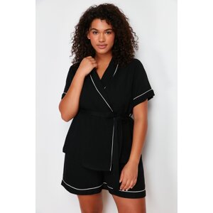 Trendyol Curve Black Tie and Piping Detailed Woven Pajamas Set