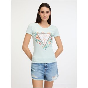 Women's T-shirt in mint color Guess Triangle Flowers - Women