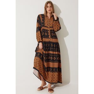 Happiness İstanbul Women's Black Brown Patterned Oversize Summer Viscose Dress