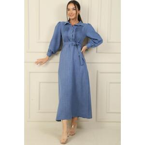 By Saygı Half Buttoned Front, Ribbed, Belted Waist Long Dress