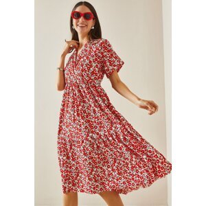 XHAN Red Flower Patterned Double Breasted Neck Knitted Dress