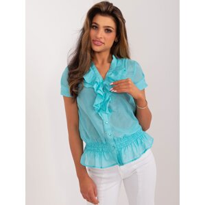 Turquoise blouse with stand-up collar