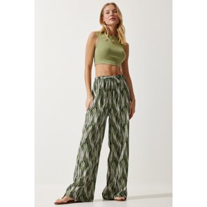 Happiness İstanbul Women's Khaki Patterned Flowing Viscose Palazzo Trousers