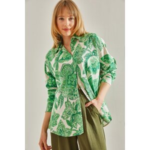 Bianco Lucci Women's Green Multi Patterned Linen Shirt