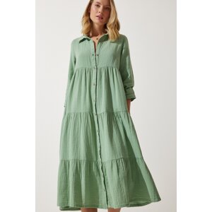 Happiness İstanbul Women's Green Muslin Flared Shirt Dress