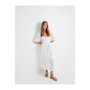 Koton Midi Scallop Dress Balloon Sleeve V-Neck Buttoned