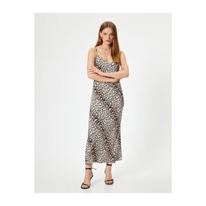 Koton Leopard Patterned Dress Thin Straps Midi Length V-Neck Viscose Fabric