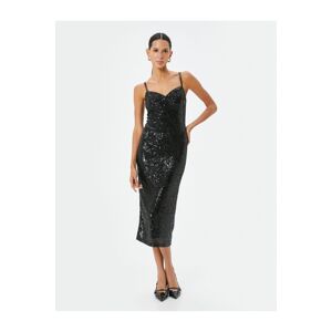 Koton Sequined Sequined Slip Evening Dress Midi Strap Sweetheart Neckline Slit Detail